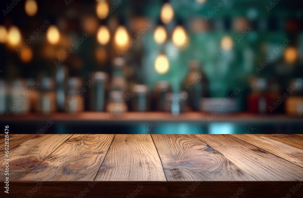 Empty wooden table and blurred background of bar or pub. For product display Empty wooden table and blurred background of bar or pub. For product display