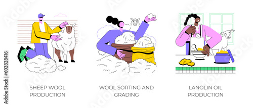 Secondary products production isolated cartoon vector illustrations set. Farmer making sheep wool at farm, sorting and grading, splitting-up of fleeces, lanolin oil creation vector cartoon. photo