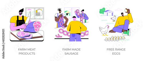 Farm products isolated cartoon vector illustrations set. Farmer cutting fresh meat, homemade sausage, free range eggs, keep chicken, secondary production, agribusiness vector cartoon.
