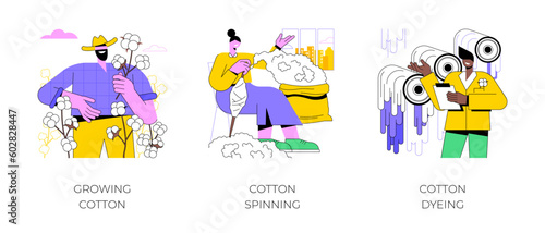 Cotton farm isolated cartoon vector illustrations set. Smiling farmer growing cotton on field, farmer woman dealing with spinning, man checking dyeing process, agriculture industry vector cartoon.