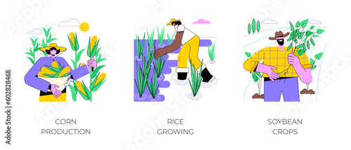 Refining agricultural products isolated cartoon vector illustrations set. Corn production, farmer growing rice plant on field, soybean crops, agriculture business, harvesting process vector cartoon.