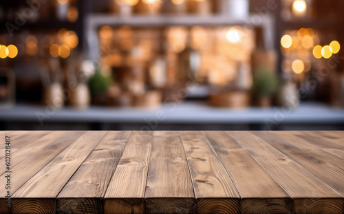 Empty wooden table for product placement or montage with kitchen bokeh background. High quality photo