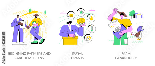 Farm loans isolated cartoon vector illustrations set. Beginning ranchers credit, farmer meeting a banker, rural grant, agribusiness development, payment program, farm bankruptcy vector cartoon.