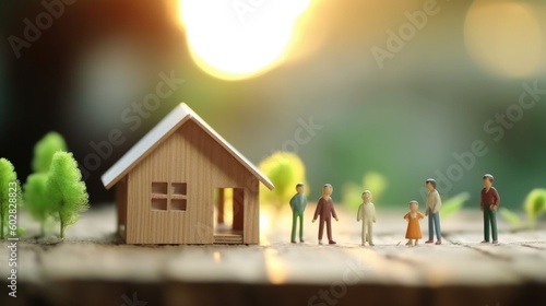 Housing for families. Close up of figurines of family with children and model of small one-story house. Miniature figurines made of light wood stand on table with blurred background. Generative AI.