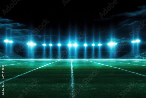 Night football arena in lights with a ball close up. High quality photo