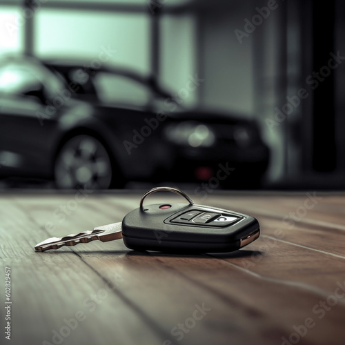 A car key on the table with a blurry image of a car in the background. Suitable for car financing and purchase concept