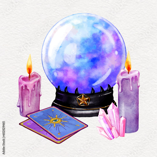 watercolor magic crystal ball tarot cards and candles 