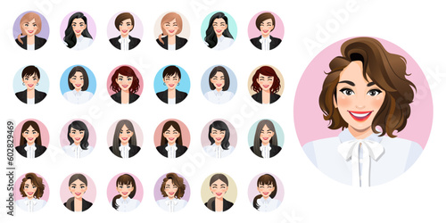 Big bundle of different women avatars. Set of female portraits. Businesswoman avatar characters. User pic, face icons for representing person in a video game, Internet forum, account. Vector