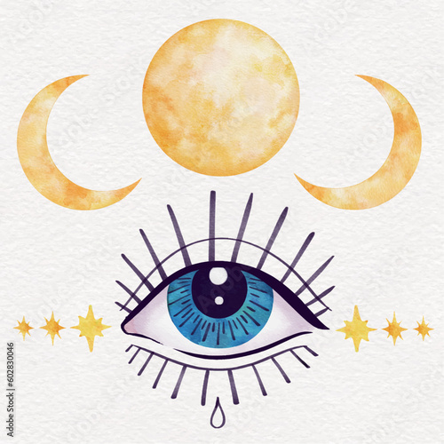 Watercolor mystical moons and seeing eye elements