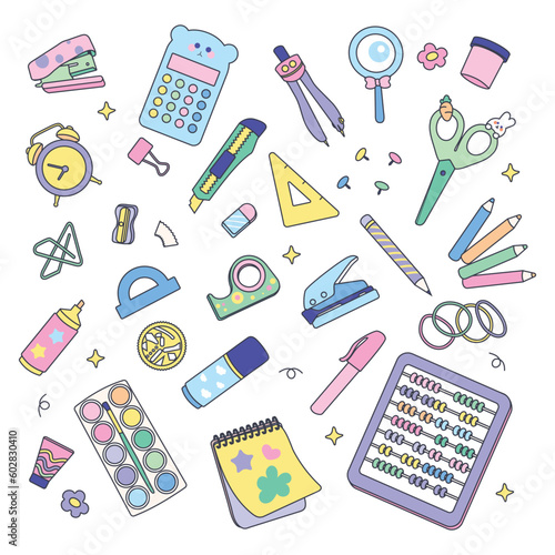 Cute Colorful school Stationery Vector Illustration