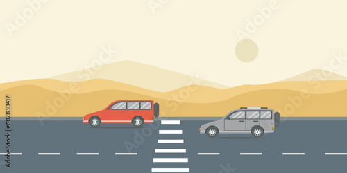 Red and gray car driving on road in desert with view of mountains and sunrise. Can be used for car rental and auto leasing banners. Transportation concept banner.