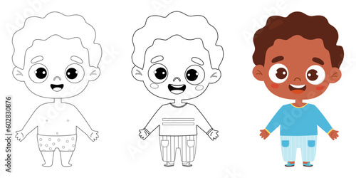 Outline drawings coloring book. Cute cartoon smiling black ethnic kid boy. Line and color drawing. Vector illustration. Childrens collection. Isolated funny kids on white background