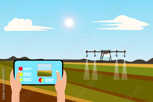Digital tablet using robot drone to automate irrigation and spray liquid fertilizer of agricultural field. Agriculture innovation technology or smart farming system concept.
