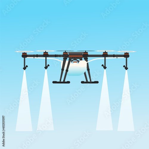 Agricultural aviation. Drone spraying pesticides and fertilizers flat vector illustration