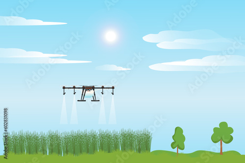 Drone robots to automate irrigation and spray liquid fertilizer in agriculture. Agricultural innovation technology or smart farming system concept.