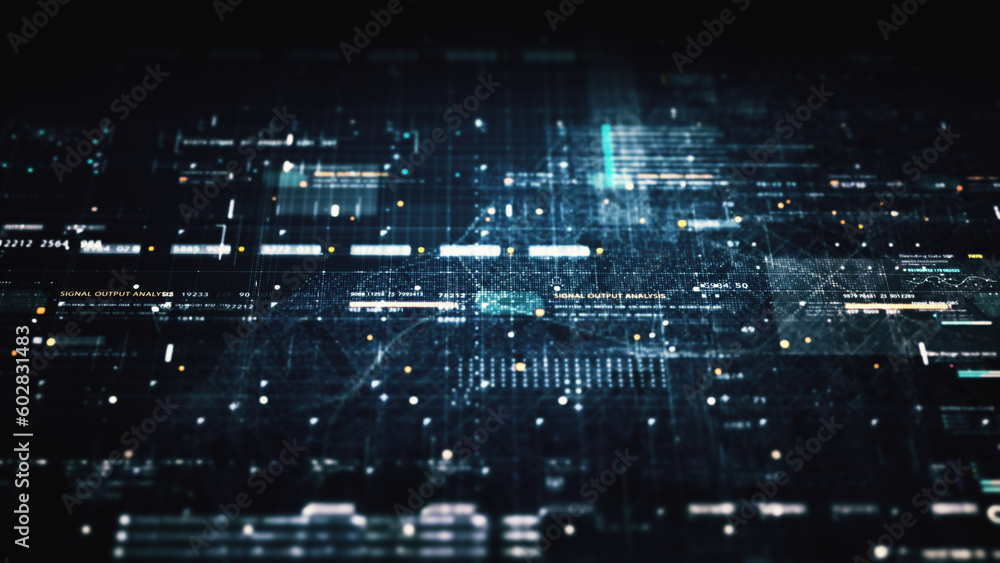 Obraz premium Advance data matrix, telemetry and encrypt numbers simulation user interface display in cyber space abstract de-focus environment background