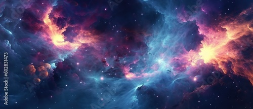 Abstract space background. Beautiful galaxies and stars in outer space. Created with generative AI technology.