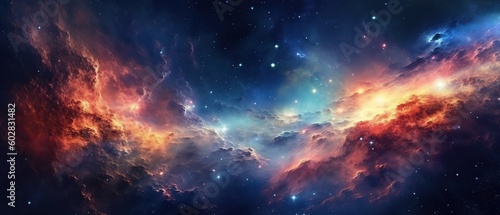 Abstract space background. Beautiful galaxies and stars in outer space. Created with generative AI technology.