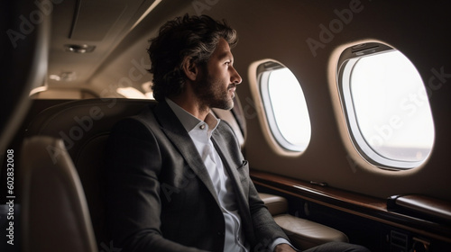 A businessman sits in a modern airplane, ready to travel for business. He wears formal attire and looks out the window, eager for his journey ahead. generative ai © Brastock Images / AI