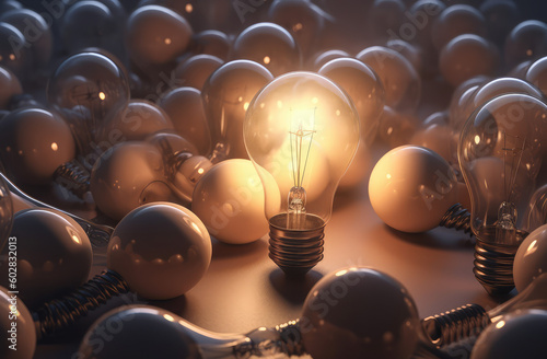 a light bulb amongst many dim bulbs, in the style of realistic figures, idea, generative AI