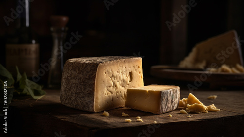 A closeup of a wedge of Parmigiano-Reggiano cheese on a wooden board, indoors. Richly golden in colour with crumbly texture and nutty flavour. generative ai