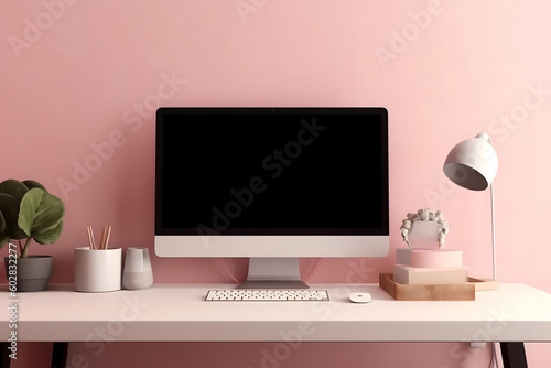 pink modern office interior with table Mockup © fadi