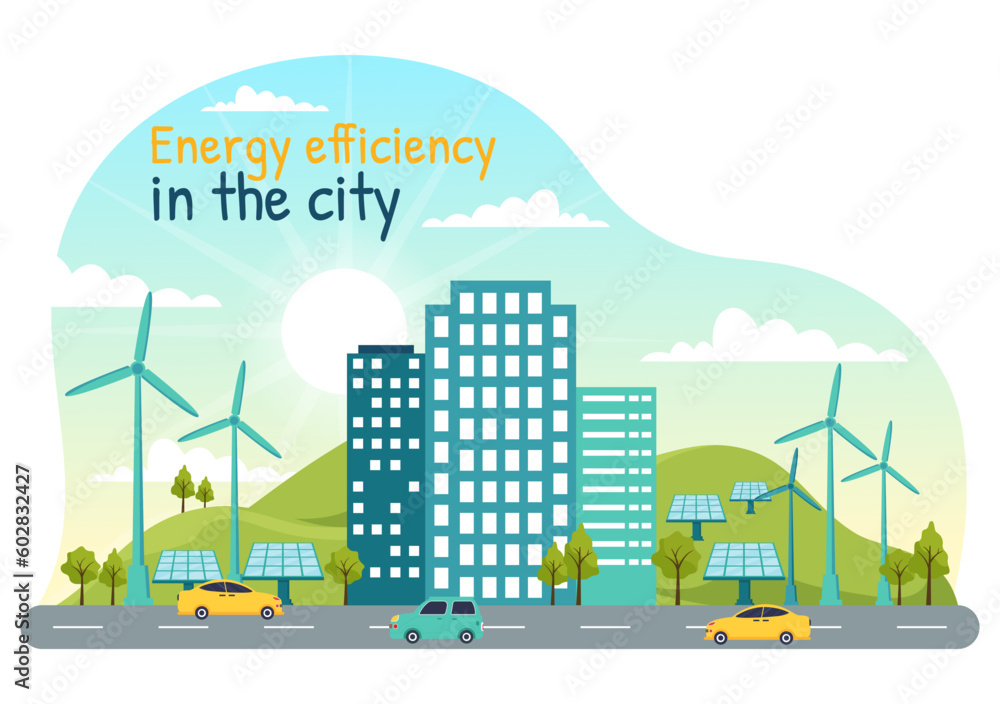 Energy Efficiency in the City Vector Illustration with Sustainable Environment for Electricity Generated From Sun and Wind in Hand Drawn Templates