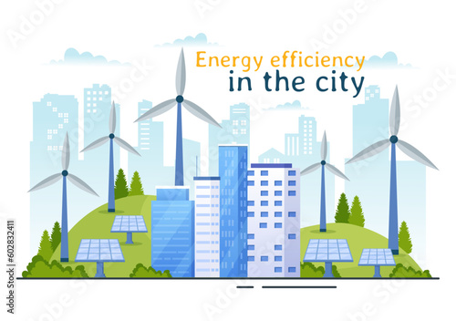 Energy Efficiency in the City Vector Illustration with Sustainable Environment for Electricity Generated From Sun and Wind in Hand Drawn Templates