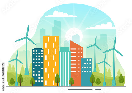 Energy Efficiency in the City Vector Illustration with Sustainable Environment for Electricity Generated From Sun and Wind in Hand Drawn Templates