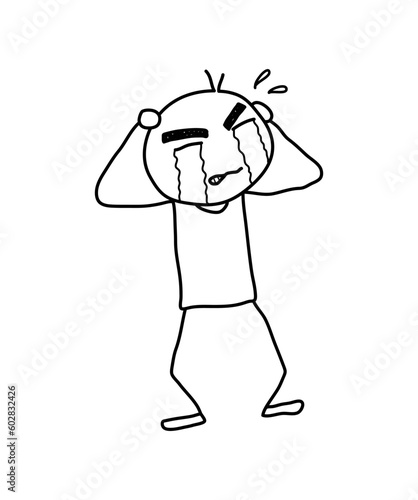 Stick figure crying doodle, isolated on white background.