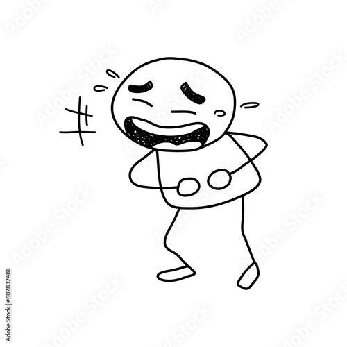 Laughing out loud stick figure, a hand drawn doodle of a stick figure laughing out loud, isolated on white background.