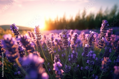 A cinematic view of a breathtaking lavender field, with rows of vibrant purple flowers stretching as far as the eye can see. Generative AI