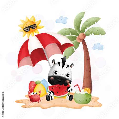 Watercolor illustration cute zebra eats watermelon at the summer beach