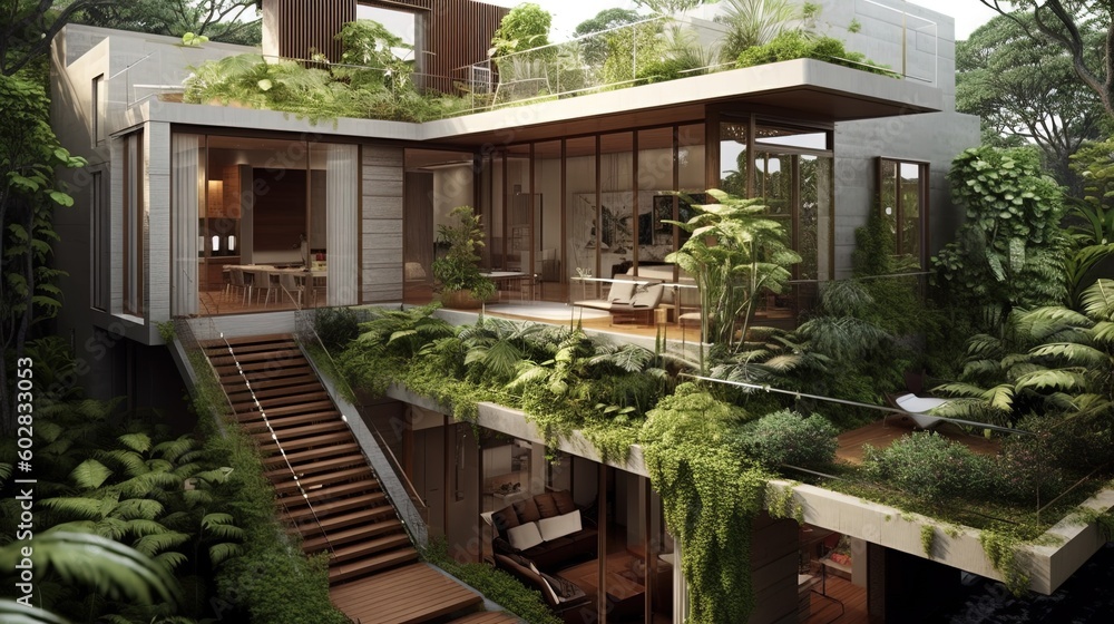 Beautiful bungalow building residential architecture house at day with green and sustainable concept using generative AI
