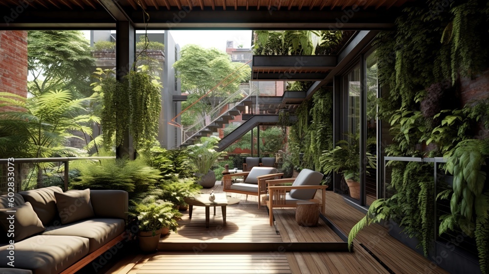 Fototapeta premium Green and zero carbon residence building villa with lush trees and plants using generative AI