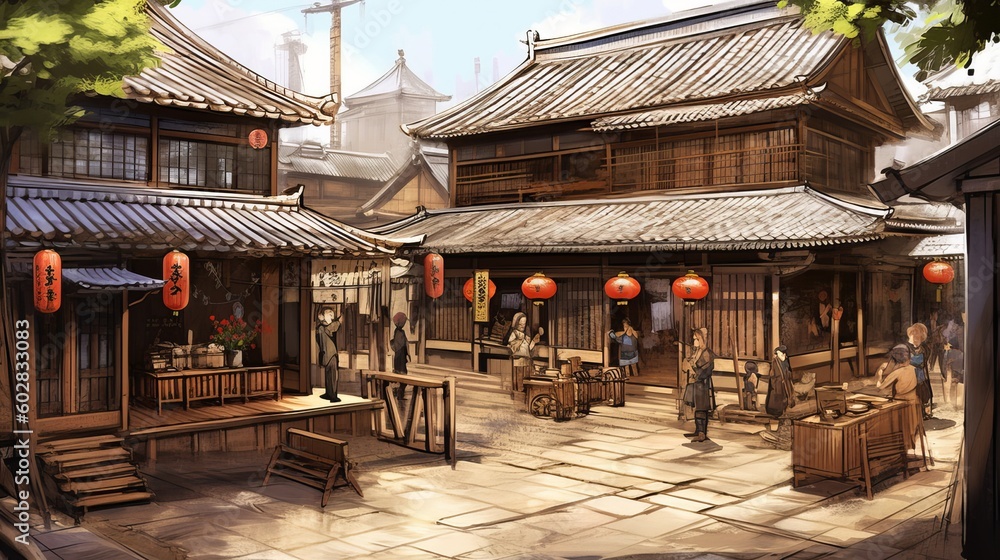 Naklejka premium 和風の街並み背景イラスト,Generative AI AI画像