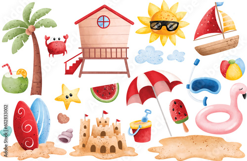 Watercolor Illustration set of beach and summer holiday stuff elements