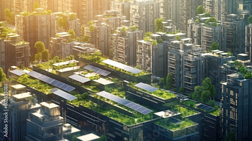 Wide angle birds eye view of green and sustainable city with solar panels