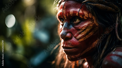 Indian from the tribe, with feather headdress. Indian looking to camera. generative ai