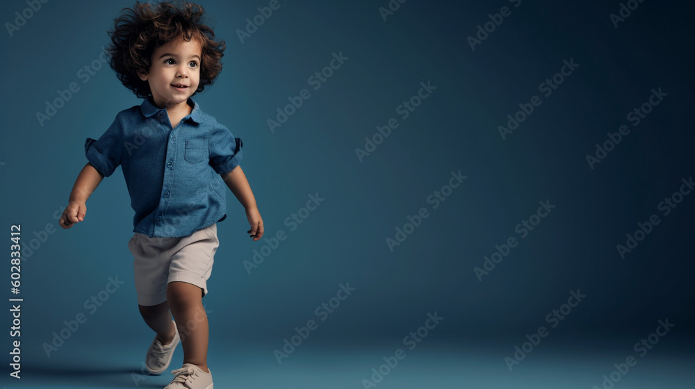 A fashionable kid model stands in a studio, looking directly at the camera. She wears casual clothing and has curly hair styled for the photo shoot. Generative AI