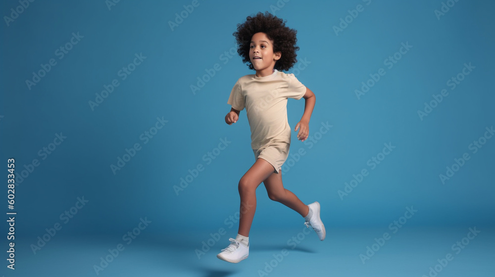 Young Adult with Curly Hair Running in Blue Studio. generative ai Young Adult with Curly Hair Running in Blue Studio. generative ai