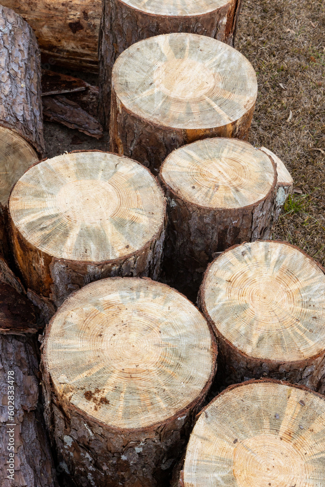 Pine Tree wood logs on ground after being cut Pine Tree wood logs on ground after being cut
