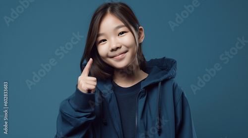 Smiling Teen Asian Girl in Bright Blue Studio. generative ai © Brastock Images / AI