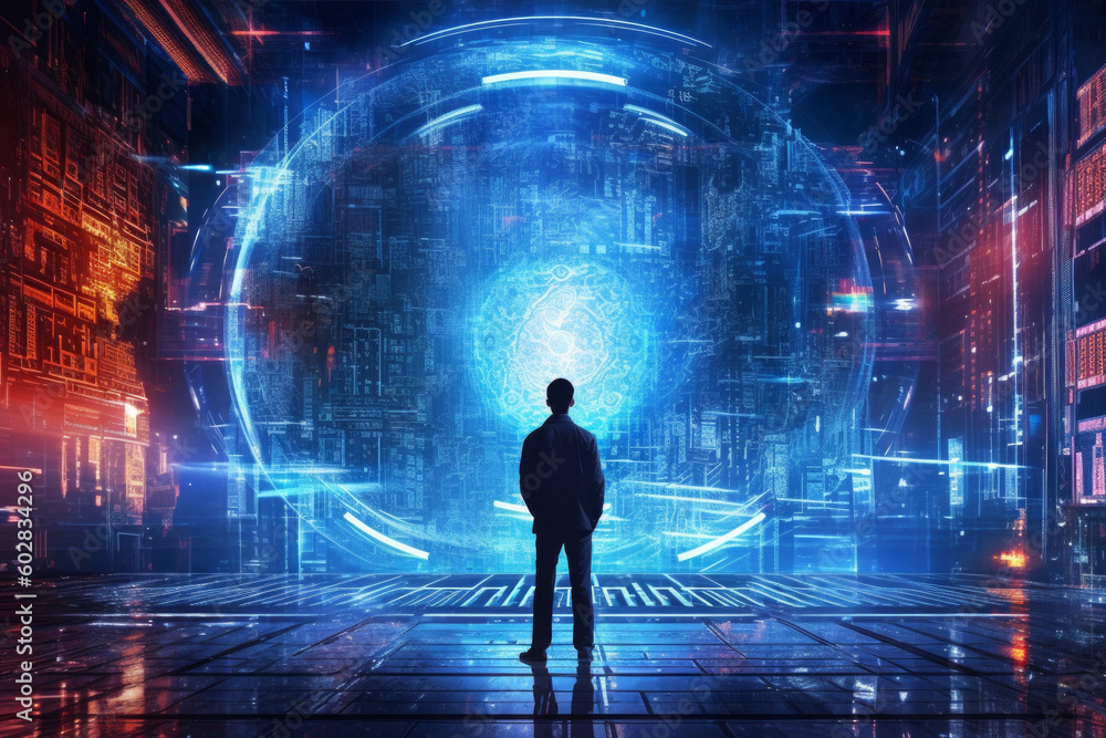 person standing against a futuristic city background in cyberspace. has a multi-layered dark color scheme with bright, making it look like a technological advanced place. Generative AI Technology.