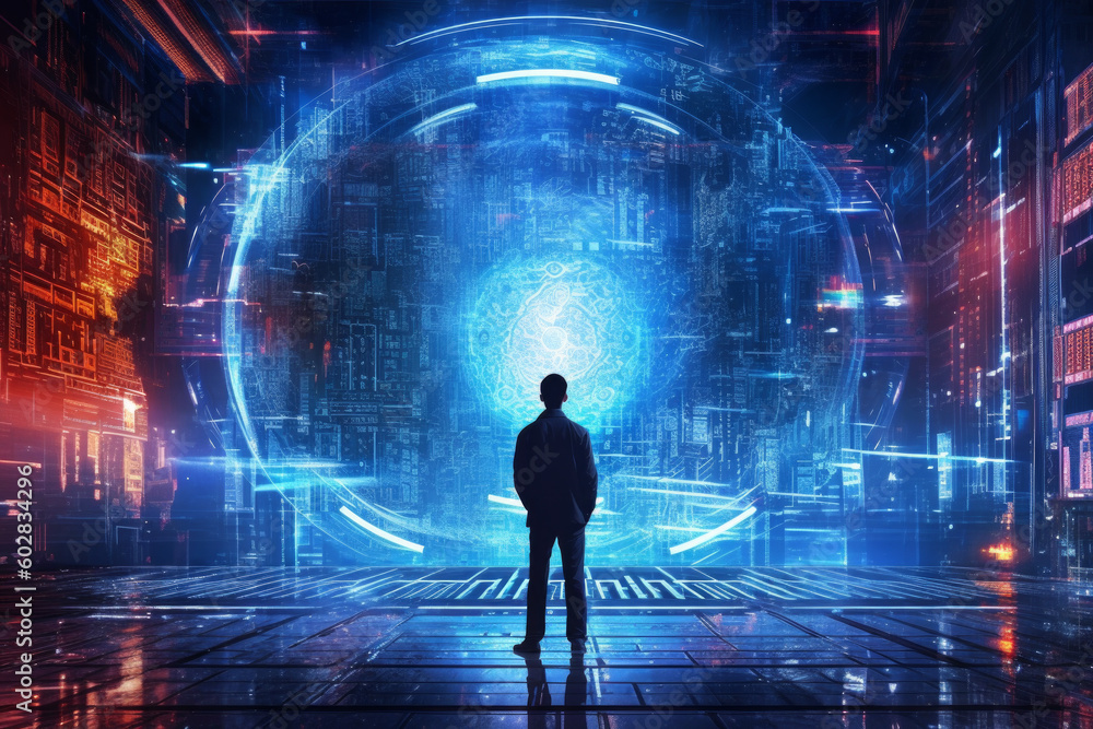 person standing against a futuristic city background in cyberspace. has a multi-layered dark color scheme with bright, making it look like a technological advanced place. Generative AI Technology. person standing against a futuristic city background in cyberspace. has a multi-layered dark color scheme with bright, making it look like a technological advanced place. Generative AI Technology.