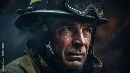 A proud adult fireman stands in full uniform, looking straight into the camera lens for a portrait. generative ai