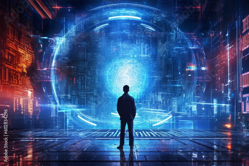 person standing against a futuristic city background in cyberspace. has a multi-layered dark color scheme with bright, making it look like a technological advanced place. Generative AI Technology.
