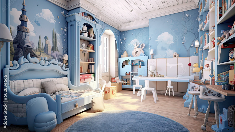 Cartoon-inspired Haven: Pastel-Colored Baby Boy's Room created with Generative AI technology