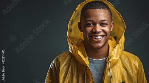 a happy portrait of a man wearing a raincoat. GENERATE AI photo