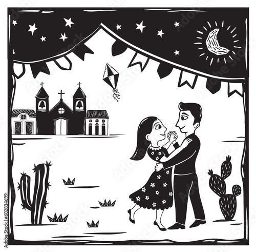 Beautiful couple dancing at a FESTA JUNINA vector. Starry night, a village in the background, cacti from northeastern Brazil. woodcut illustration in cordel style